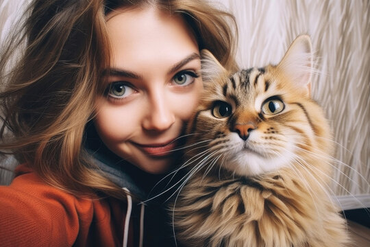 Girl with cat selfie  Animal friends.