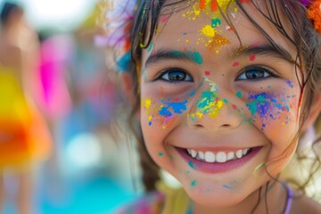 Obraz premium Joyful Child with Colorful Holi Festival Paints A young girl smiles brightly, her face adorned with vibrant colors during a Holi festival celebration. 