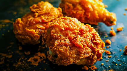Fried chicken on a dark background, top view.