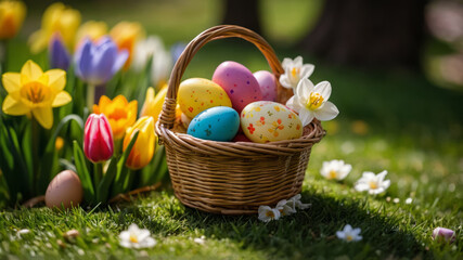 Basket with colorful eggs and spring flowers on green lush grass