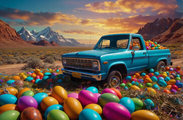 Blue pickup truck with trunk filled with Easter multicolored eggs and Easter eggs around on the ground on the background of mountain landscape at sunset