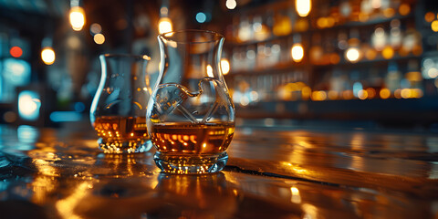 Dark Bar,Whiskey Glass Of Whiskeys Pour Out It On A Table.