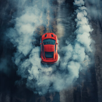 Aerial view of a red sports car doing a burnout
