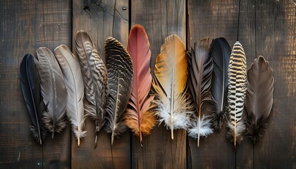 different colored feathers lined up on wooden background  - obrazy, fototapety, plakaty
