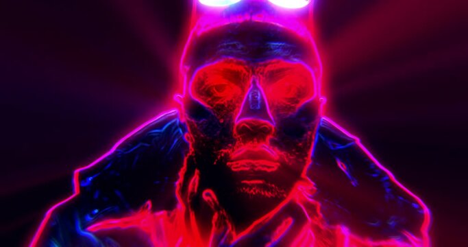 The video features a digital human face with glowing lights, showcasing a figure that dances with illuminated features, combining motion and light in a visually dynamic display.

