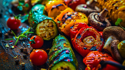Healthy and tasty food concept. Grilled vegetables paprika, mushrooms, zucchini, paprika and Brussels sprouts.