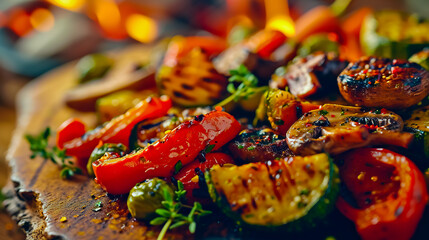 Healthy and tasty food concept. Grilled vegetables paprika, mushrooms, zucchini, paprika and...