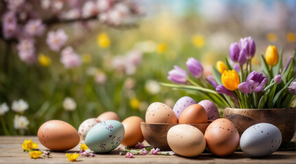 Multicoloured Easter eggs on a wooden table against a blooming garden on a sunny day. With copy space for text
