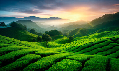 Tea plantation hills at sunrise time, beautiful landscape background