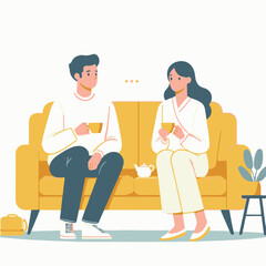 A flat vector illustration design with husband and wife sitting on the sofa having tea and talking.