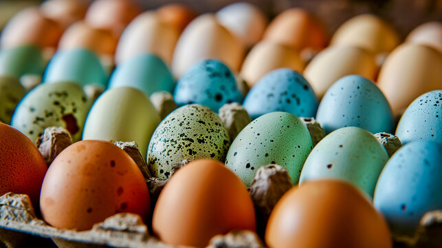 Lot of different color chicken eggs arranged by color on paper egg box. From natural organic farm.