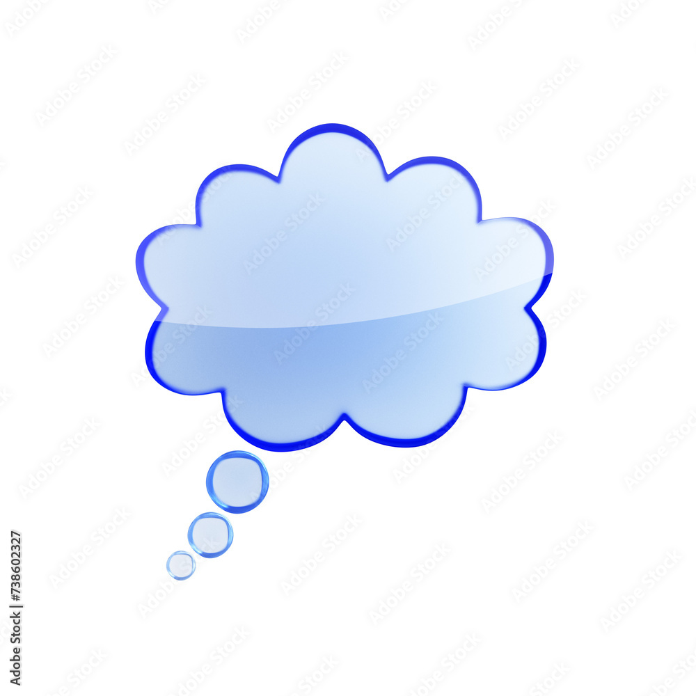 Poster Glassy 3D speech bubble with a cloud shape and blue edging against a white setting. Mockup design. 3D Rendering