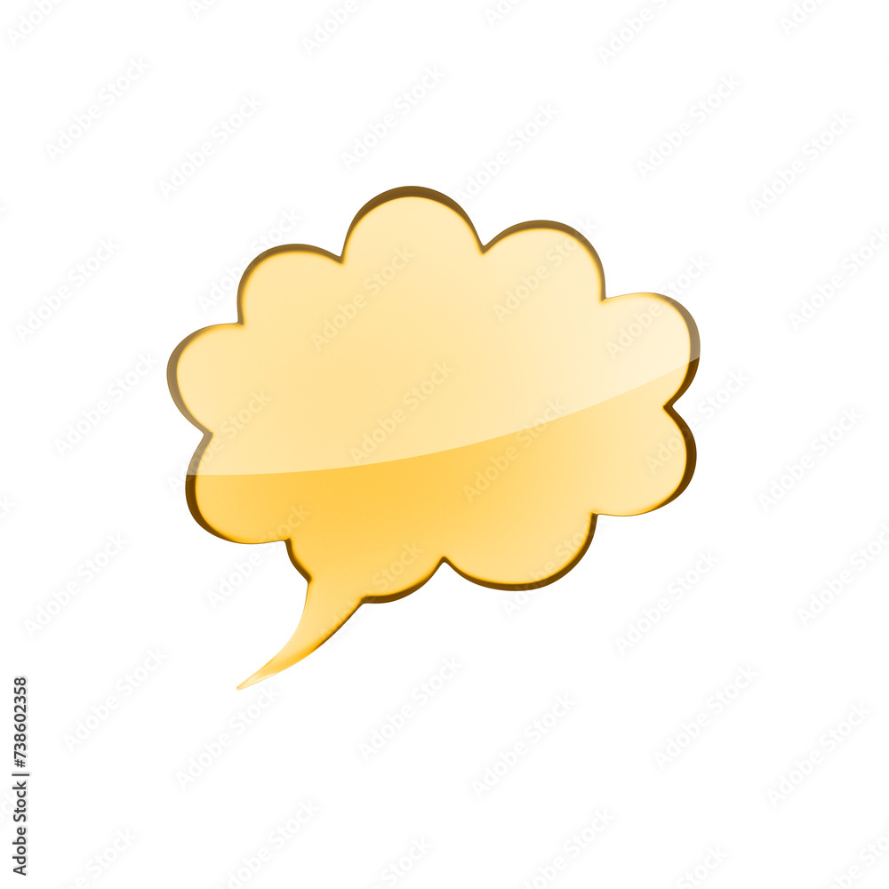 Poster 3D golden speech bubble with tail, glass like texture on a clear background. 3D Rendering