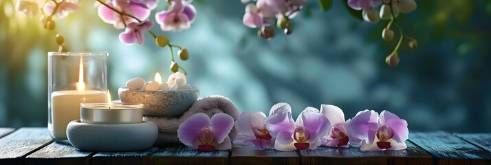 Serene Spa Ambiance with Candles and Orchids - obrazy, fototapety, plakaty