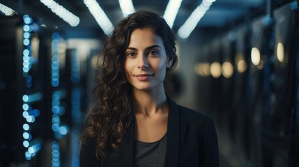 A portrait of a female network engineer, engaged in her work with a supercomputer, standing by a server cabinet in a data center.  - obrazy, fototapety, plakaty