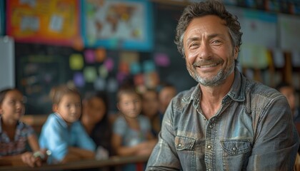 Obraz premium A middle-aged teacher in a school classroom teaching students. American style of teaching. Friendly atmosphere