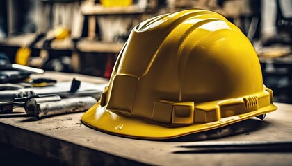 engineer yellow helmet on the table, construction equipments on the table, building helmet background