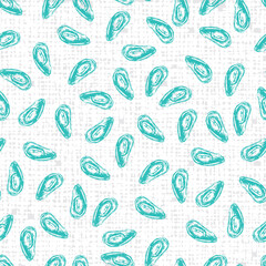 Vector simple scattered mussel pattern with arranged like polka dots with canvas texture background. Suitable for textile, restaurant menu and wallpaper.