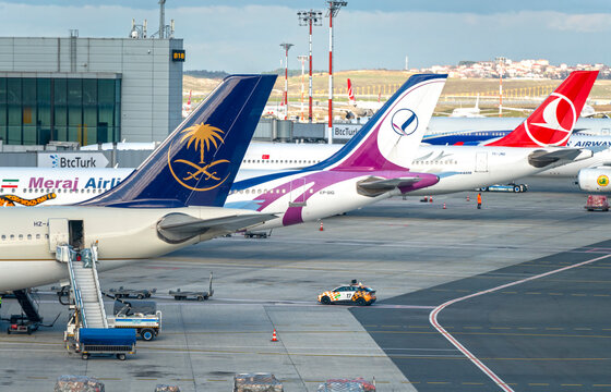 ISTANBUL - JAN 17: Planes of Saudi arabian, Meraj, Turkish airlines in Istanbul international airport on January 17. 2024 in Turkey