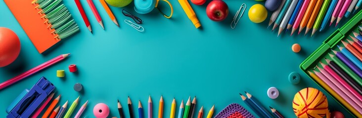 Bright Educational Tools and Stationery on Teal Background
Panoramic image of an array of colorful...