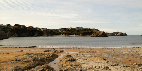 Coastal part of Cantabria in the north of Spain, eroded Costa Quebrada, ie the Broken Coast, Playa...