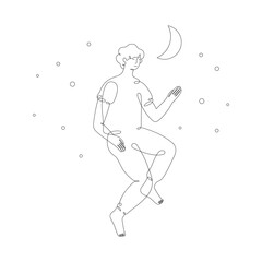 Sleeping boy on starry sky background, top view, isolated line art illustration - 738603120