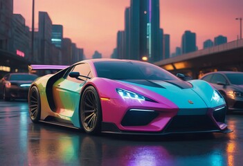 Fototapeta premium Tuned Sport Car , cyberpunk Retro Sports Car On Neon Highway. Powerful acceleration of a supercar on a night track with colorful lights and trails