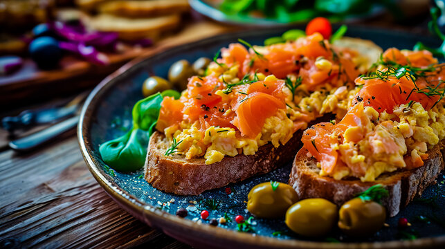 Scramble on toast with salmon and guacamole and olives. Smoked salmon with crumble egg toasted with salad.