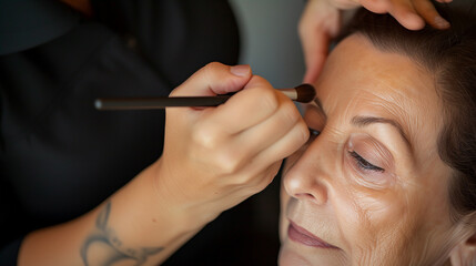 A makeup artist applies cosmetics to a poised elderly woman