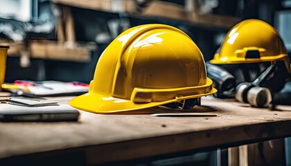 engineer yellow helmet on the table, construction equipments on the table, building helmet background