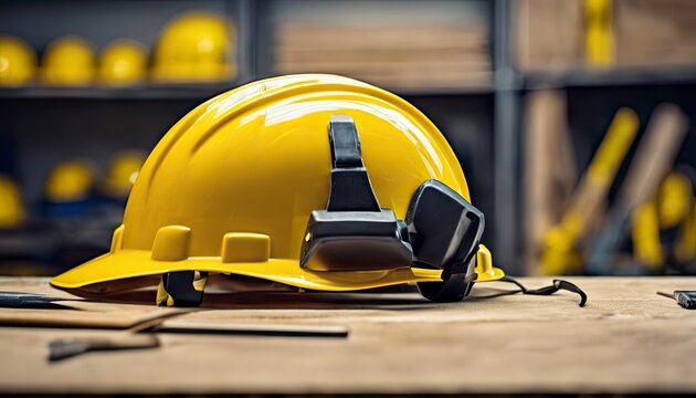 engineer yellow helmet on the table, construction equipments on the table, building helmet background