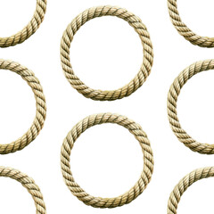Seamless pattern watercolor Rope knot round. Ropes, rounded borders, decorative circles of marine cable frame. Endless loop twisted illustration. Nautical knot circle diagonal on white background