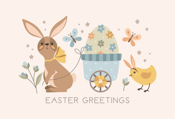 Happy Easter greeting card. Rabbit with cart, eggs and chickens. Vector illustration