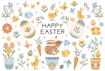 Set of Easter design elements. Eggs, cart, chickens, rabbit, flowers and branches. Ideal for holiday decoration. Vector illustration - obrazy, fototapety, plakaty