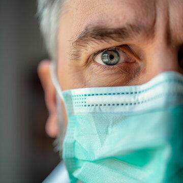 Close-up portrait of a mature healthcare worker with a medical face mask, depicting the frontline fight against illness