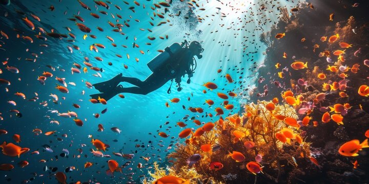 Diver exploring vibrant underwater tropical coral reefs showcasing marine life colorful fish beauty in ocean depths perfect for travel and adventure tourism scuba diving sport in undersea environments