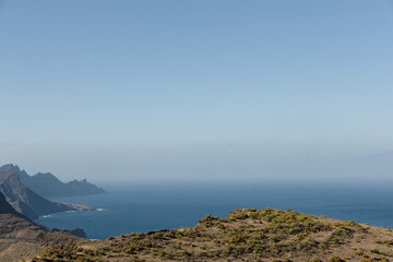 Coastline and  vast empty ocean from the hills above Agaete, Puerto de las Nieves, Gran Canaria, Spain