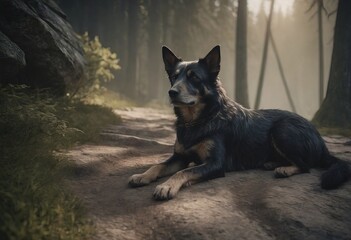 A dog, a stray. A large wolf-like animal surrounded by wild nature.