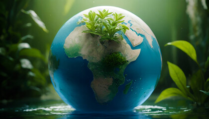 Obraz na płótnie Canvas Earth Day concept illustration Earth globe with beautiful nature clean water and blooming plant