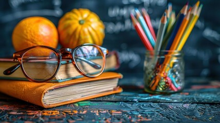 Glasses, books, and pencils on a desk with a chalkboard backdrop depict the core values of education and the pursuit of knowledge in society - obrazy, fototapety, plakaty