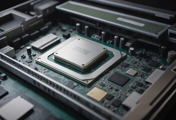 Modern CPU processor installed on a brand new motherboard, object detail, extreme closeup, nobody.