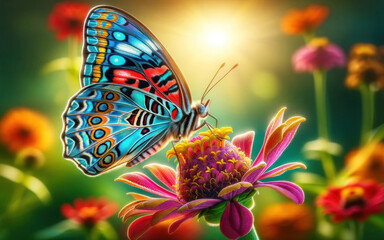 A magnificent butterfly with intricate blue and red wing patterns rests on a vividly colored flower, basking in the golden sunlight of a serene garden