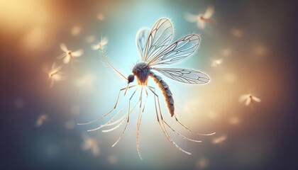 A single mosquito hovers with delicate wings spread, captured in a serene, glowing light that highlights the intricate patterns on its body.