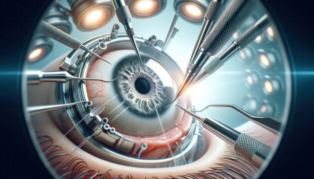 An intense close-up of a high-tech eye surgery, showcasing precise instruments in action on the human eye, highlighting medical expertise and innovation