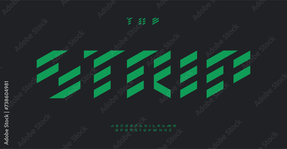 Poster Dynamic stripes alphabet, modular sharp angles letters for futuristic tech urban branding. Abstract geometric font design for cyberpunk logo, movement typography. Vector typeset.