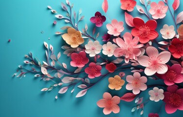 greeting cards for spring with colorful flowers. spring greeting with spring flowers on blue background