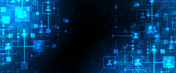 Abstract representation of a computer network and its users in the form of icons of people in squares. Vector illustration. Hand drawn.