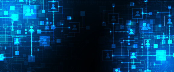 Abstract representation of a computer network and its users in the form of icons of people in squares. Vector illustration. Hand drawn.