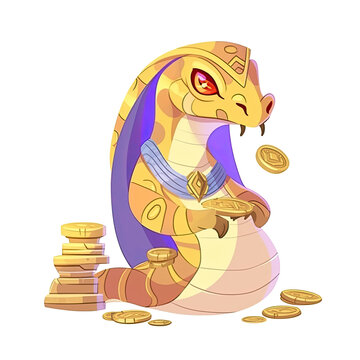An illustration of a apep snake, holding a golden coin