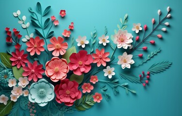 greeting cards for spring with colorful flowers. spring greeting with spring flowers on blue background